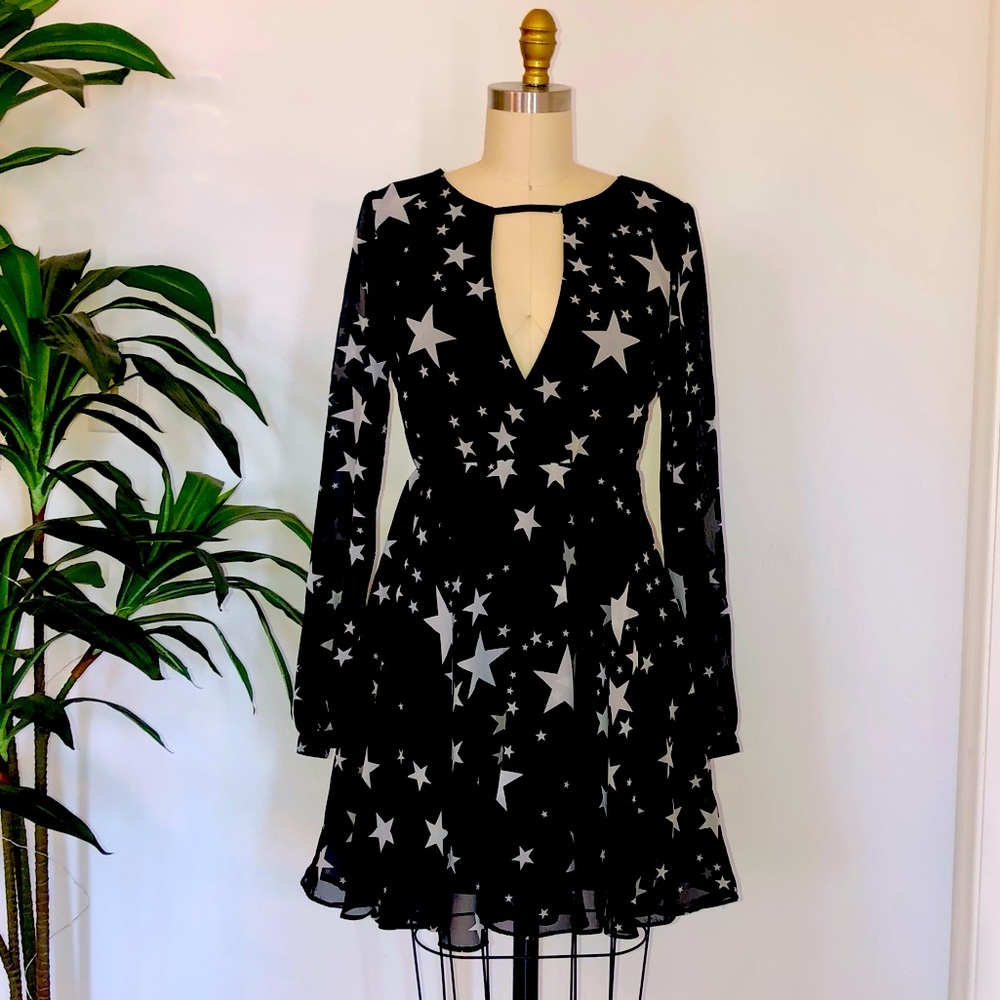 Star Print Chiffon L/S Mini Dress